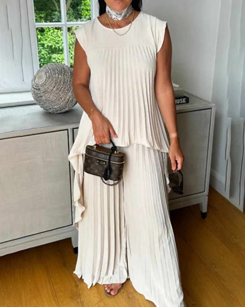 Women's Active Blouse Pants Sets Sleeveless Crew Neck Solid Color