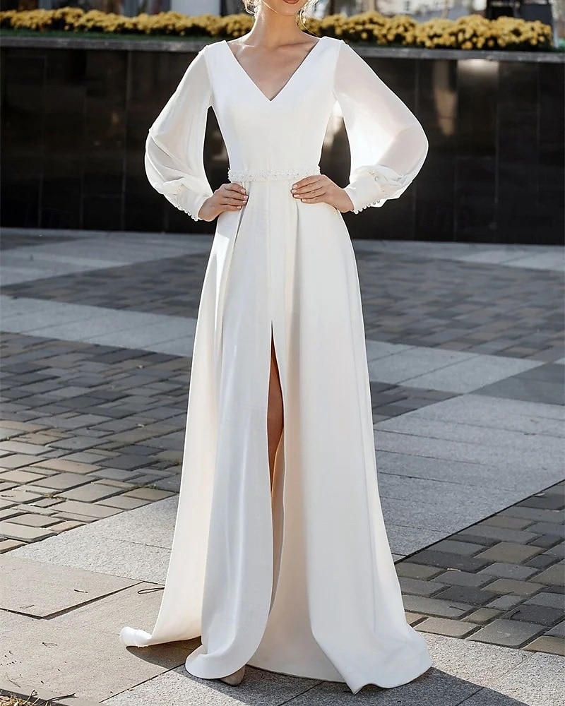 Rochii casual pentru nuntă tip A-Line Decolteu în V Mâneci Lung pe Jos Lungime Pe Jos Crep elastic Rochie pentru Invitați la Nuntă Rochii de Mireasă Simple cu Centură Bead 2025 - $139.99 –P2