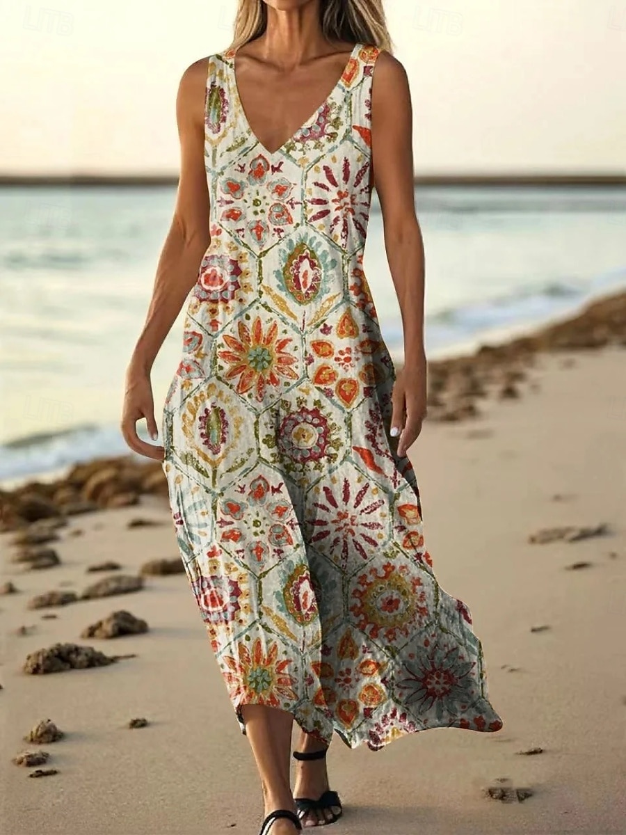 Femmes Robe Longue Maxi Robe Robe Décontractée Robe débardeur Robe d'été ancien africain Quotidien Fête Plage Coupe régulière Fleuri Sans manches Col en V Jaune Bleu Orange Gris Clair Été de 2025 ? $20.99 –P6