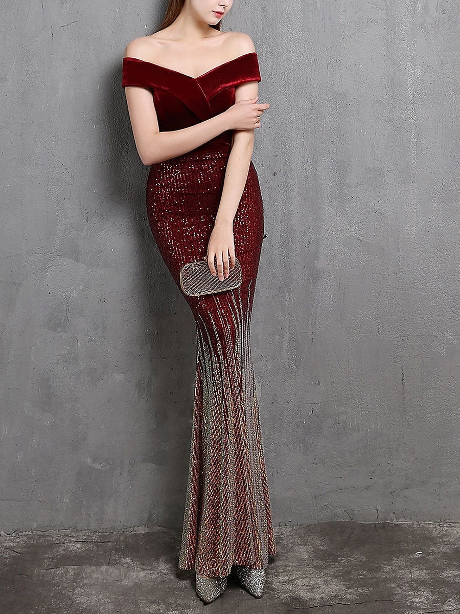 Mermaid / Trumpet Evening Gown Elegant Dress Formal Wedding Floor Length Short Sleeve Off Shoulder Velvet with Beading 2025 - $129.99 –P4