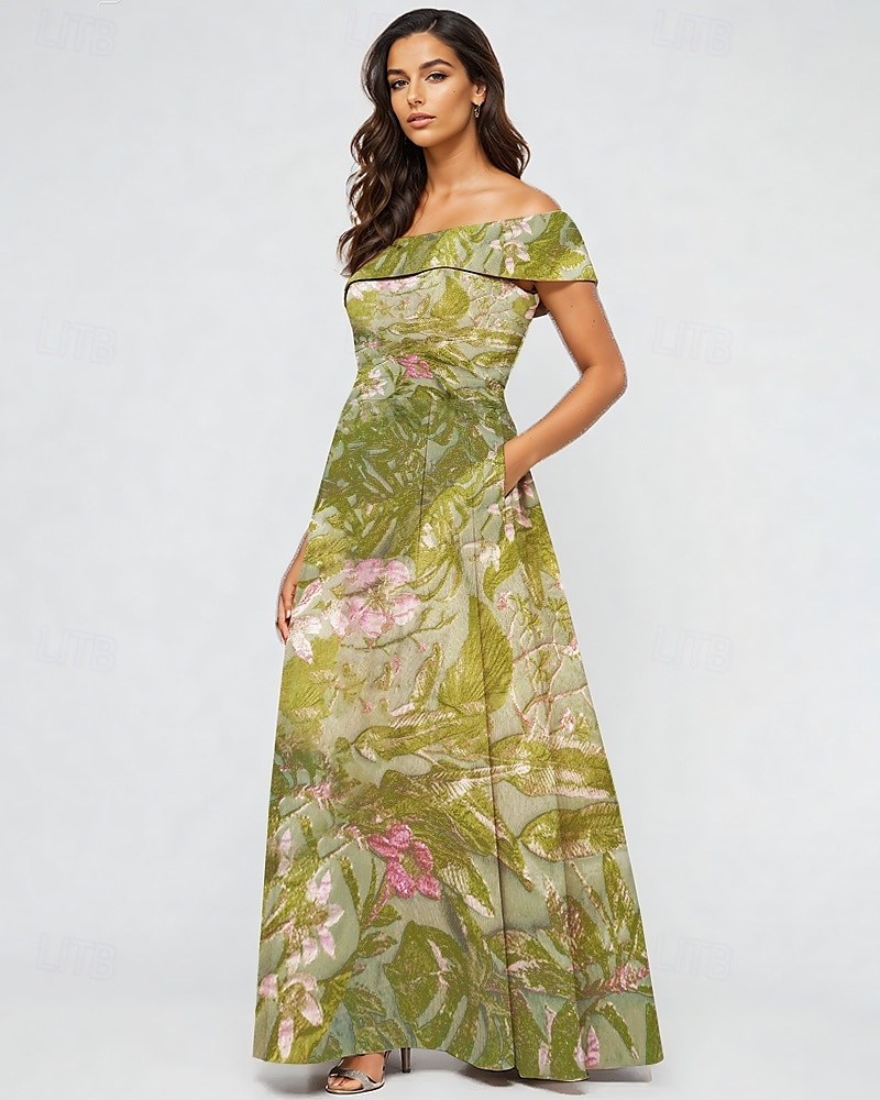 Grønn Jacquard Brocade Blomster A-linje Kveldsdrakt Elegant Kjole Formell Bryllup Gulvlengde Korte Ermer Avskjær Nylon med Lomme 2025 - $142.99 –P1