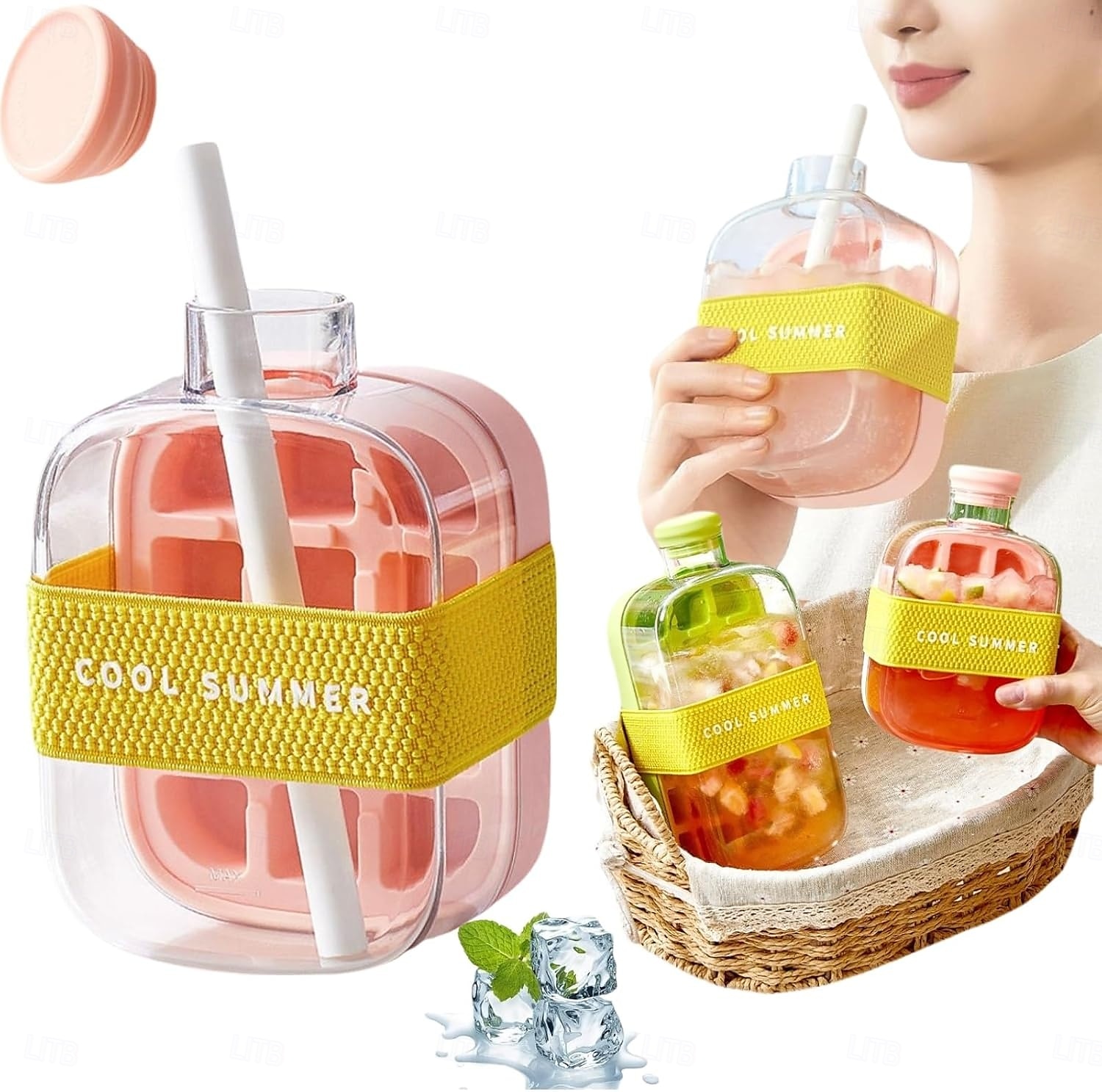 ijsblokjesfles met rietje voor een koele zomer, My Crush Cup ijsblokjesvormpjes voor waterflessen, 2-in-1 draagbare aanraakvrije ijsblokjesmachine met deksel en bak voor het snel maken van ijs 2025 - $13.99 –P8