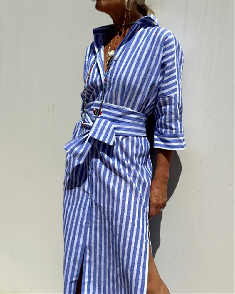 Femmes Robe Midi Robes inspirées du lin Robe Chemise Robe Décontractée Mode Moderne Quotidien Plage Week-end Coupe régulière Rayé manche longue Col de chemise Rose Claire Marron clair Bleu Ét de 2025 ? $36.99 –P6