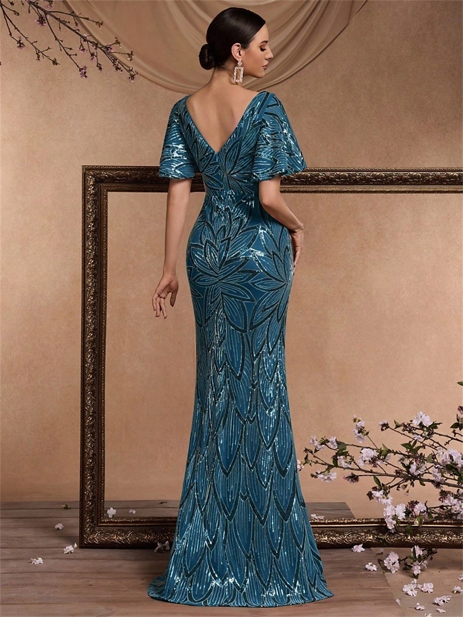 Mermaid / Trumpet Quinceanera Dresses Elegant Dress Formal Wedding Floor Length Short Sleeve V Neck V Back with Sequin 2026 - $137.99 –P6