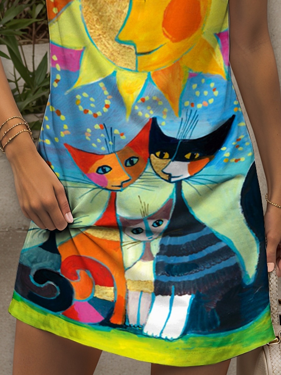 Damen Minikleid Sommerkleid Shiftkleid Schulterfreies Kleid Urlaub Lässig Outdoor Ausgehen Normale Passform Grafik Tiermotiv Katze Ärmellos V Ausschnitt Gelb Rote Blau Purpur Sommer Frühling 2025 - $21.99 –P3