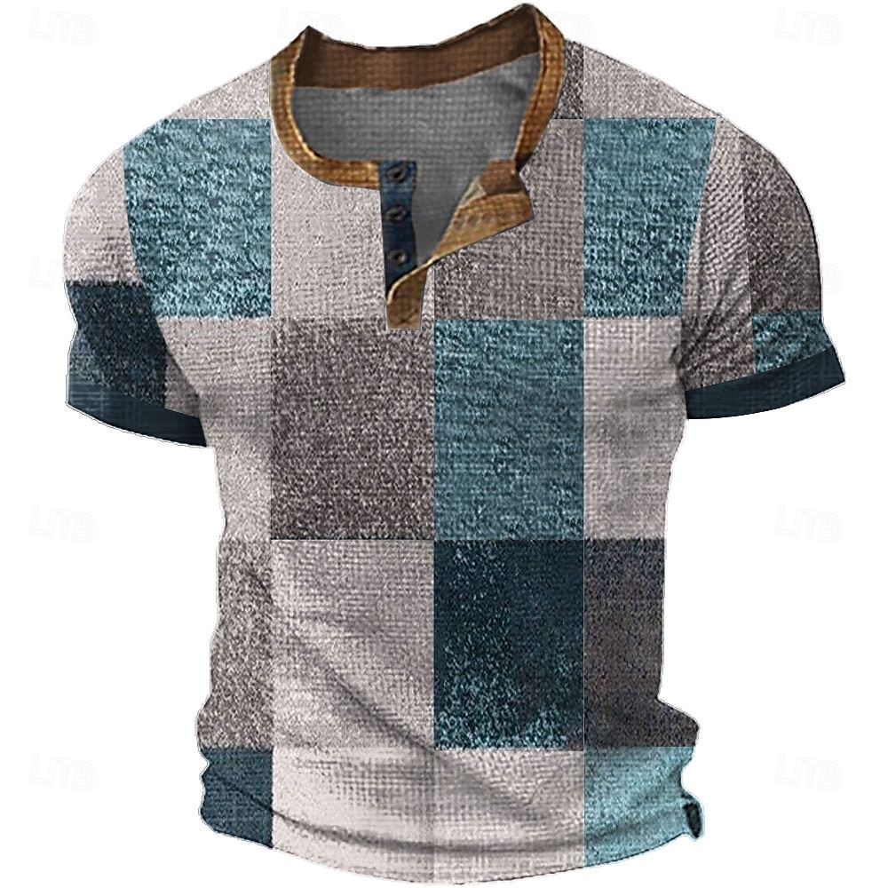Miesten Faux Patchwork kuvio Henley-paita Vohveli T-paita Lyhythihainen Päivittäin Retro / vintage Klassinen Urheilu ja ulkoilu Kausaliteetti Pyhäpäivä Kevät kesä Kaikki vuodenajat Sininen Keltainen 2025 - $19.99 –P5