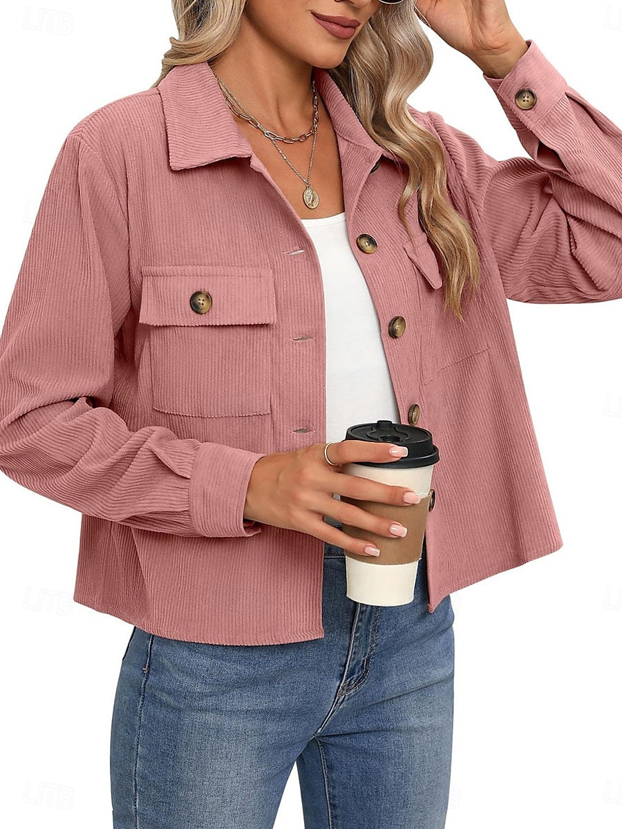 Dam Vardaglig jacka Shacket Bekväm Andningsfunktion Ficka Mode Ledigt Slät Semester Gata Ledigt Dagliga kläder Enkelknäppt Kort Nedvikt Normal Långärmad Ytterkläder Svart Vit Rodnande Rosa Vår Höst 2025 - $27.99 –P7
