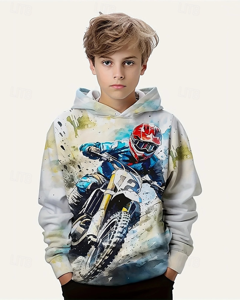 Pojkar 3D Motorcyklar Huvtröja Långärmad Vår Höst Mode Streetwear Barn 4-12 år Huva Utomhus Ledigt Dagligen Normal 2025 - $18.99 –P1