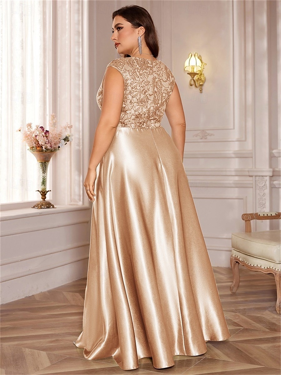 Robe A-Line Grande Taille Élégante Robe Courbe De Mariage Formelle Longue Au Sol Manches Courtes Col en V Satin Dos Nu Avec Plis 2025 de 2025 ? $119.99 –P6