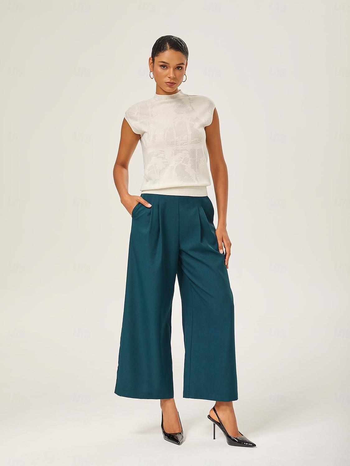 pantaloni dritti aderenti in misto lana verde lago del 2025 a $72.99 –P2