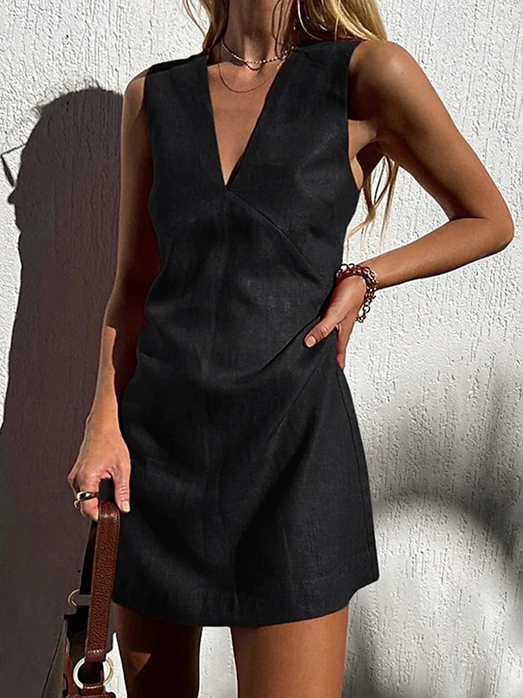Robe courte 100 % coton pour femme, coupe droite, décontractée, pour soirée, tous les jours, vacances, coupe classique, unie, sans manches, col en V, chanvre, noir, blanc, rouge, été de 2025 ? $36.99 –P5