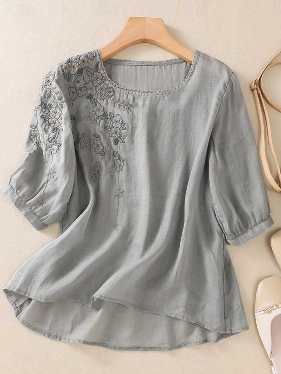 Femmes Chemises en coton et lin Couleur Unie Basique Occasionnel Manche 3/4 Col ras du cou Hauts Réguliers Quotidien Broderie Jaune Violet Vert Gris Été de 2025 ? $25.99 –P5