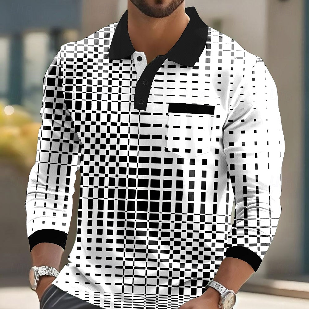 Homme Géométrique Polo manche longue Polos Chemises à Col Vêtement décontracté de travaile Affaires Athleisure Tenue quotidienne Boutons Avec Poches Impression 3D Printemps Automne Hiver Noir Bleu de 2025 ? $21.99 –P1