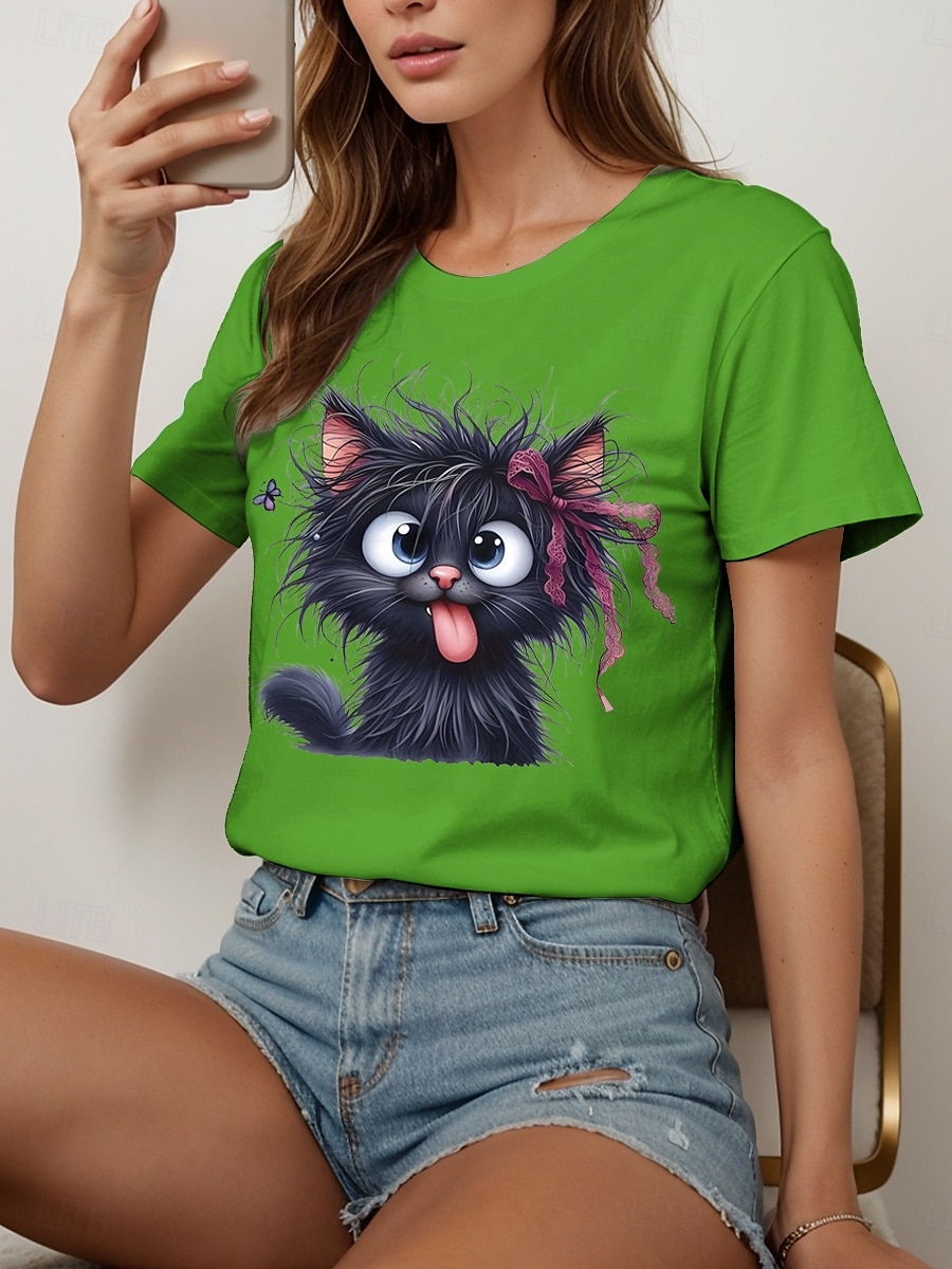 Femmes T-shirt Graphique Animal Chat ancien Élégant Classique Manche Courte Col ras du cou Col rond Hauts Réguliers Quotidien Week-end Imprimé Noir Blanche Rouge Bleu Violet Été Printemps de 2025 ? $19.99 –P6