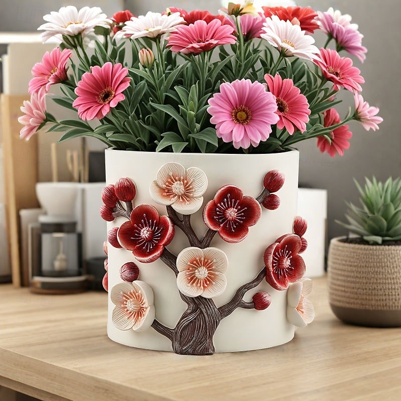 Chinese vier heren hars bloempot met pruimenbloesemreliëf, grote verdikte plantenbak, decoratieve vaas met brede mond voor binnen- en buitentuin 2025 - $41.99 –P5
