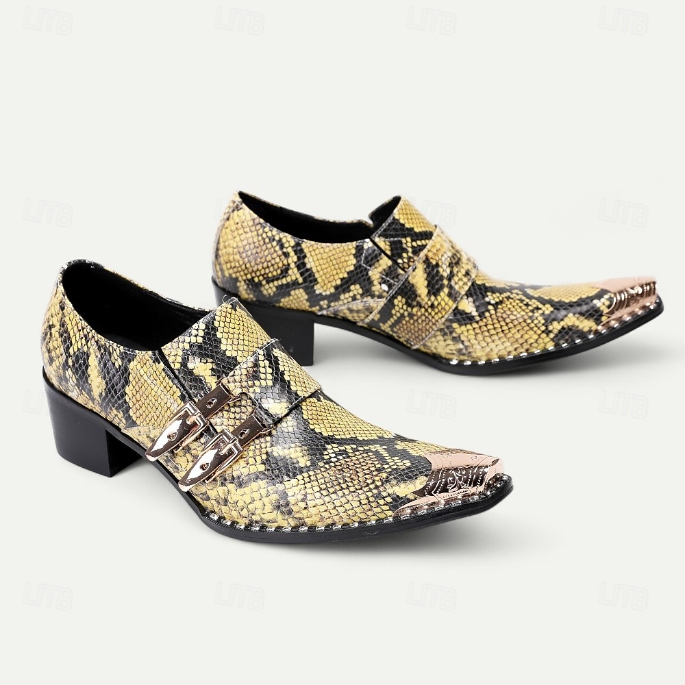 Chaussures habillées en cuir imprimé peau de serpent pour hommes – mocassins formels en cuir de vachette de qualité supérieure avec doubles boucles métalliques, bout pointu et clous pour les banquets en soirée, les galas de mode et les soirées masquées de 2025 ? $119.99 –P8