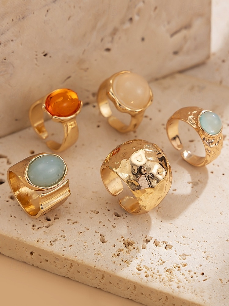 Damesett med vintage edelstener i gull – sett med flere statement-ringer med klumpete tekstur og fargerike harpiks-edelstener, egnet for kontor, vintage-mote, fest og hverdagsstil 2025 - $11.99 –P4