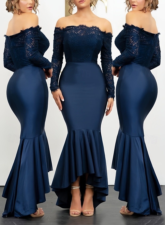 Havfrue  Trompet Bryllups Gjest Kjoler Elegant Kjole Bryllups Gjest Forlovelse Asymmetrisk Lange Ermer Off Shoulder Lace med Rysjer 2025 - $172.99 –P3