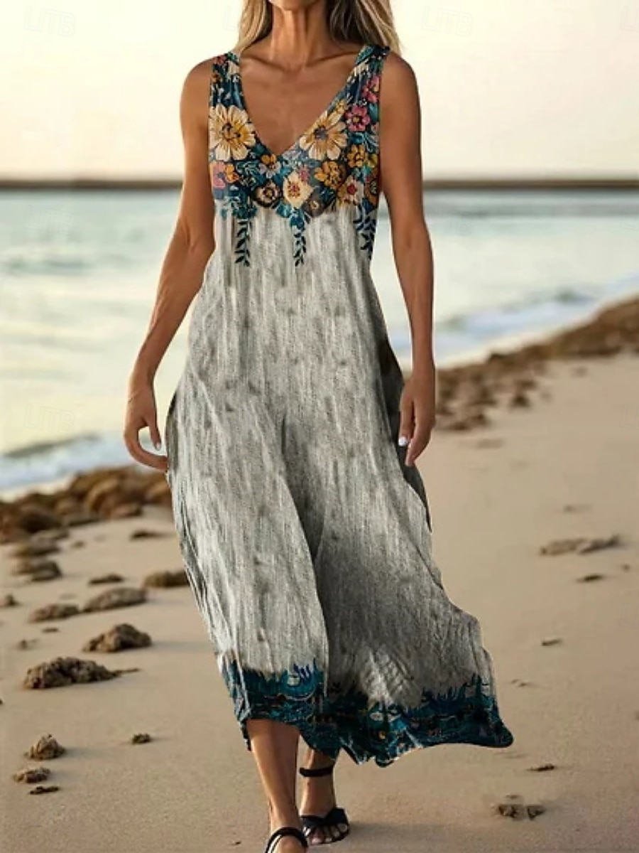 Damen Langes Kleid Maxikleid Freizeitkleid Trägerkleid Sommerkleid afrikanisch Täglich Ferien Strand Normale Passform Blumen Ärmellos V Ausschnitt Grau Sommer 2025 - $21.99 –P3