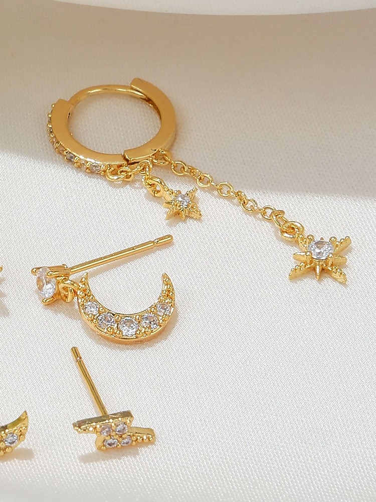damski pozłacany zestaw kolczyków w kształcie gwiazdy i księżyca – delikatne niebiańskie cyrkonie i wiszące kolczyki na modne przyjęcia, prezenty i na co dzień 2025 - $18.99 –P5