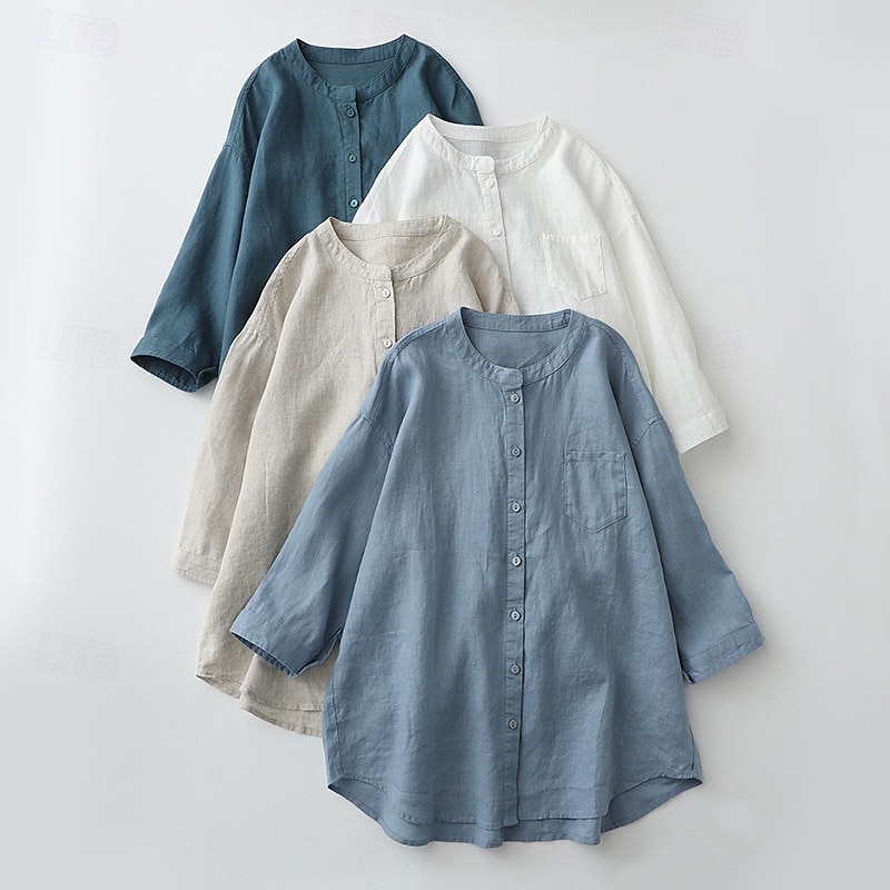 Chemisier Femme à Boutonnage Quotidien Rétro Vintage Décontracté à Manches 3/4 Col Ras du Cou Hauts de Travail Quotidiens Bleu Clair Vert Forêt Chanvre Blanc Été Printemps Automne de 2025 ? $27.99 –P1
