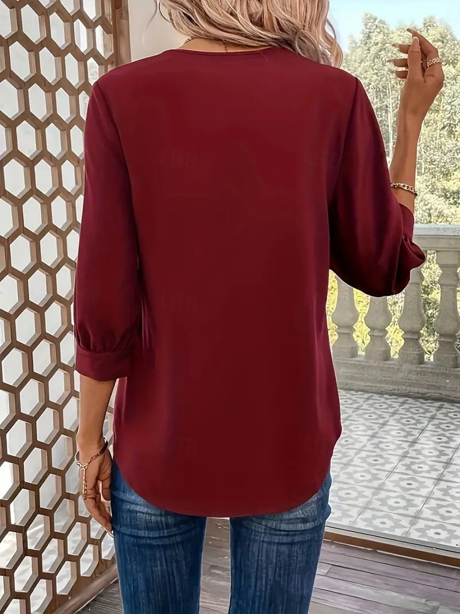 Mujer Blusa Color sólido Elegante Básico Casual Manga 3/4 Cuello Camisero Tops regulares Oficina Trabajo Negro Vino Verde Trébol Verano Primavera Otoño 2026 - $25.99 –P14
