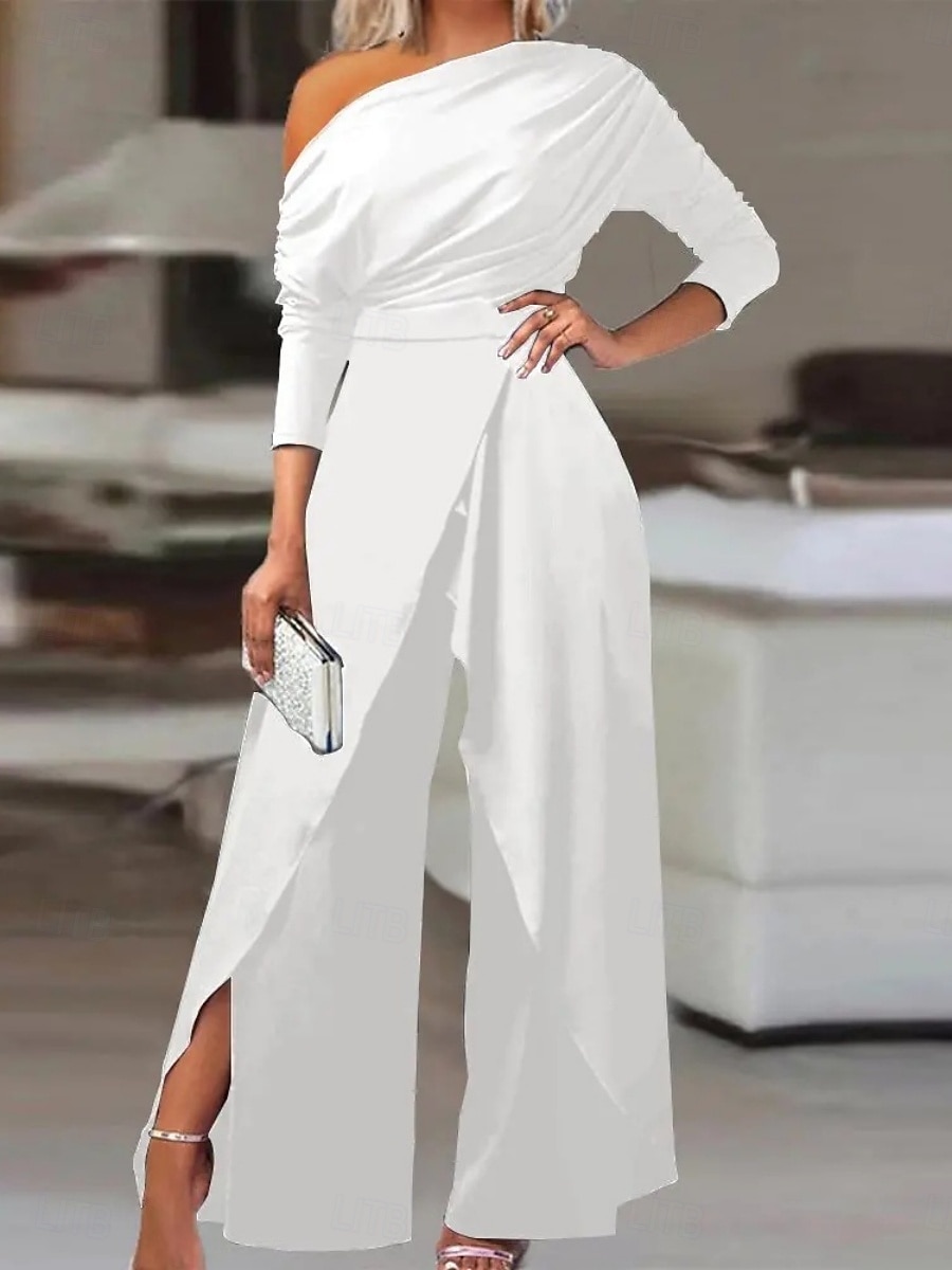 Dam Vanligt Jumpsuits Elegant Ensfärgat Långärmad Brett skaft kall axel Hög midja Semester Fest Normal Svart Vit Blå Sommar 2025 - $37.99 –P2