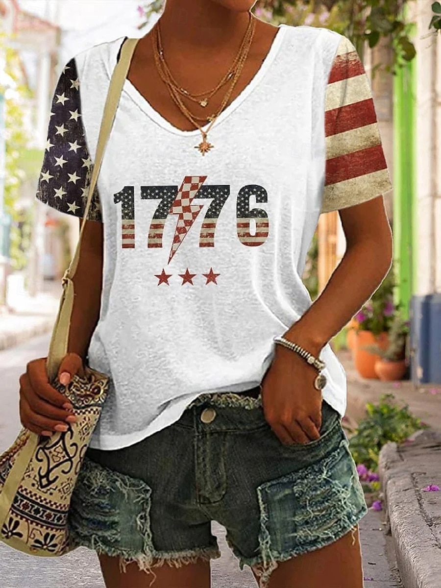 Women's Patriotic  T Shirt Graphic Flag Stylish Casual Short Sleeve V Neck Regular Tops Daily Print Black White Blue Green Summer 2025 - $19.99 –P2