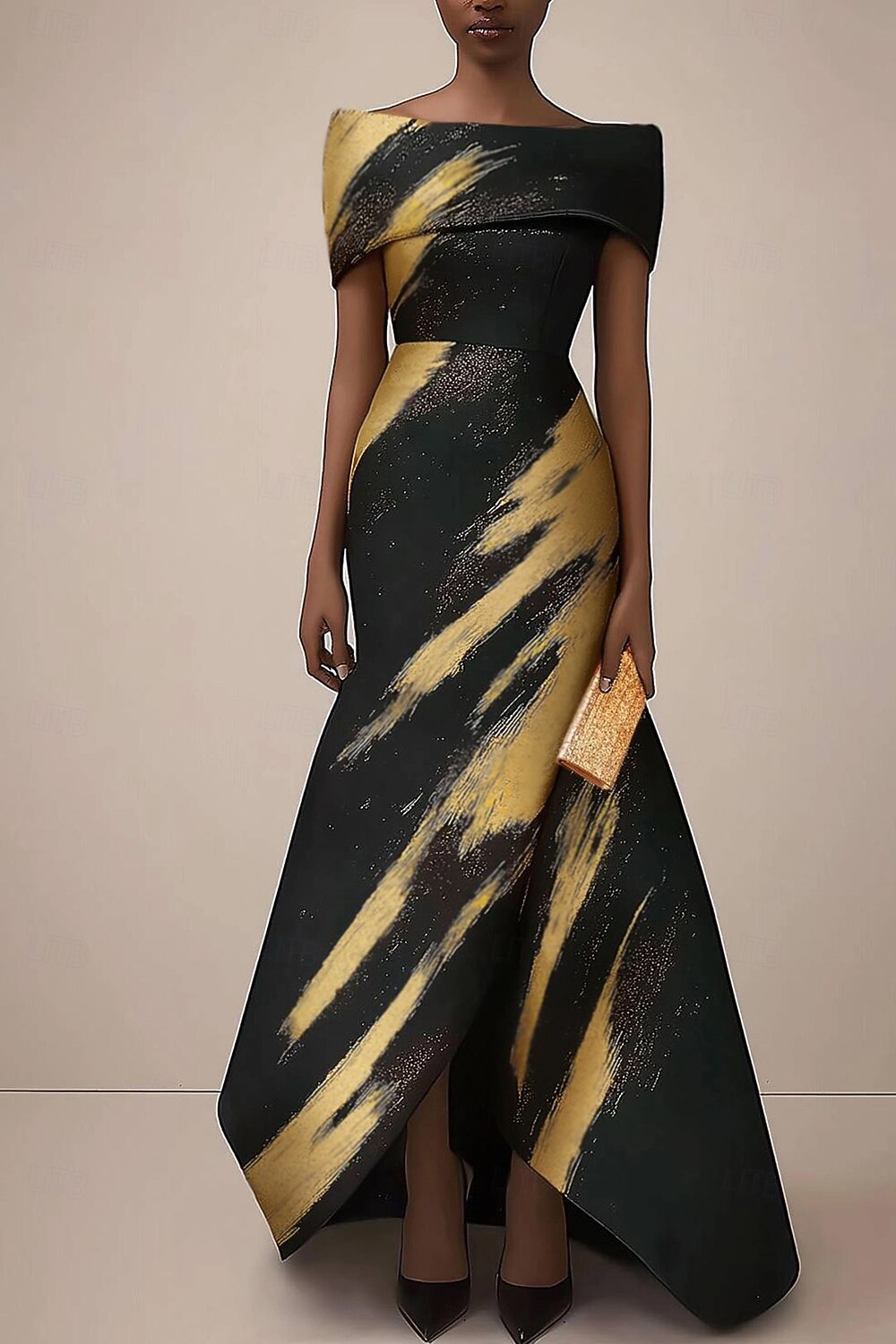High-Low Gown Black and Gold Print A-Line Evening Gown Elegant Dress Formal  Wedding Sleeveless Off Shoulder Satin 2026 - GBP 162