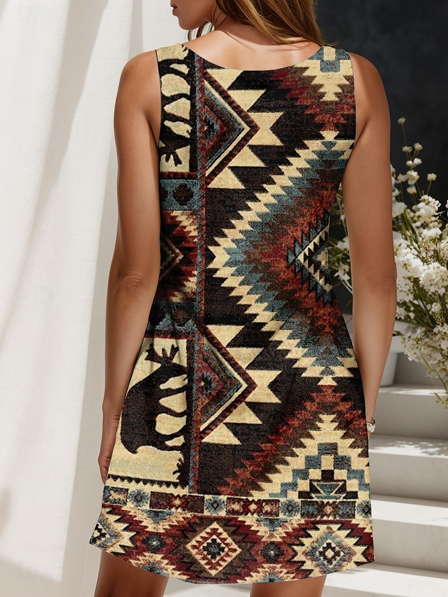 Damen Minikleid Sommerkleid A Linie Kleid Urlaub Lässig Boho Outdoor Party Täglich Normale Passform Grafik Geometrisch Farbblock Ärmellos U-Ausschnitt Rote Blau Purpur Khaki Sommer Frühling 2025 - $21.99 –P2