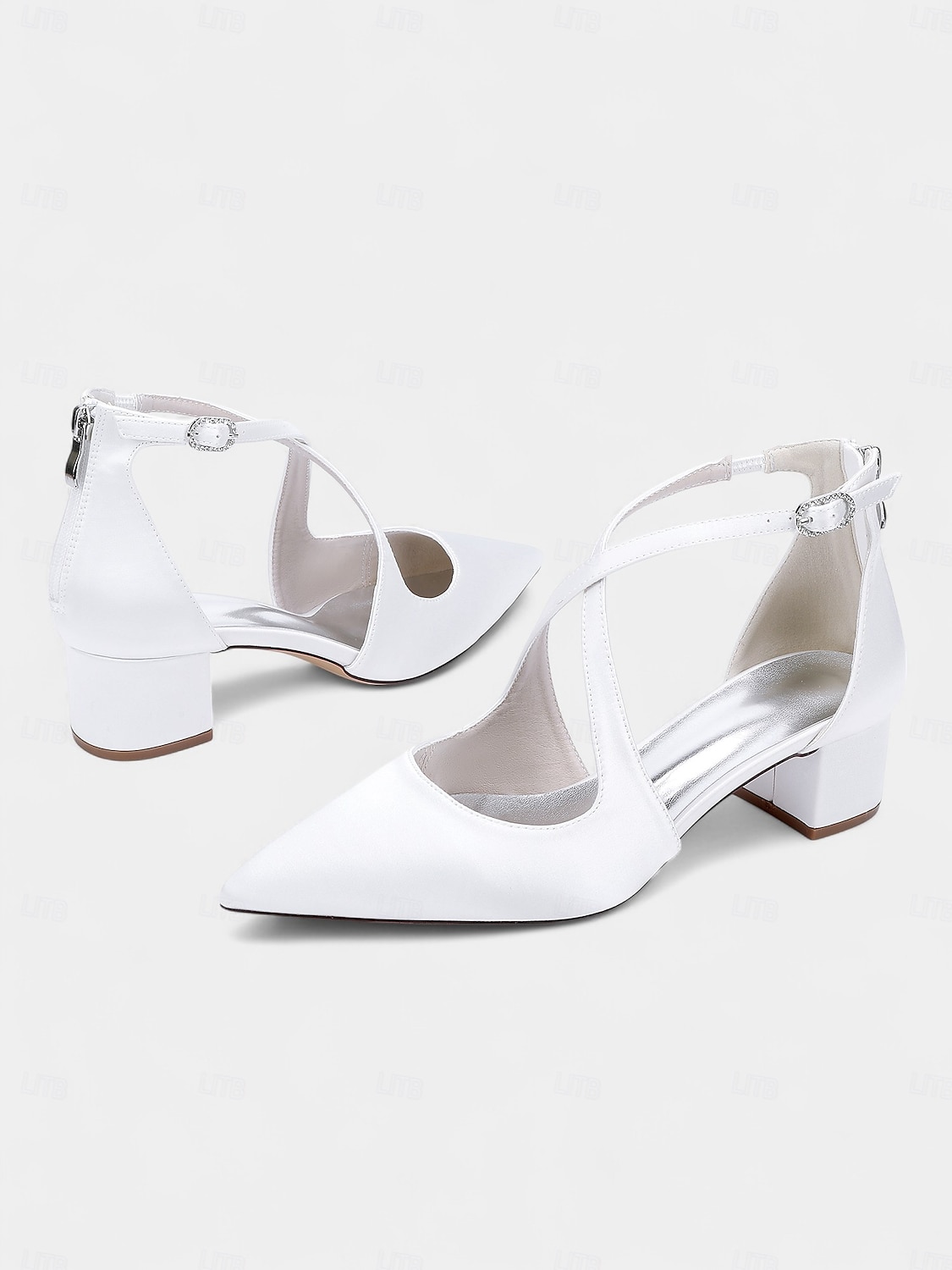 Escarpins à talons carrés et bout pointu en satin ivoire pour femmes - chaussures élégantes à brides croisées pour banquets formels et cocktails de 2025 ? $64.99 –P6