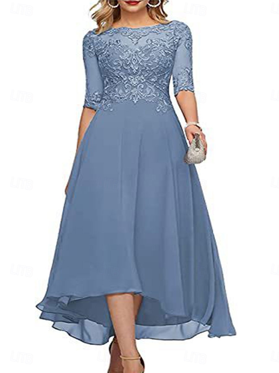 A-Line Mother of the Bride Dress Elegant Crew Neck Floor Length Chiffon Half Sleeve with Solid Color 2025 2025 - $119.99 –P14