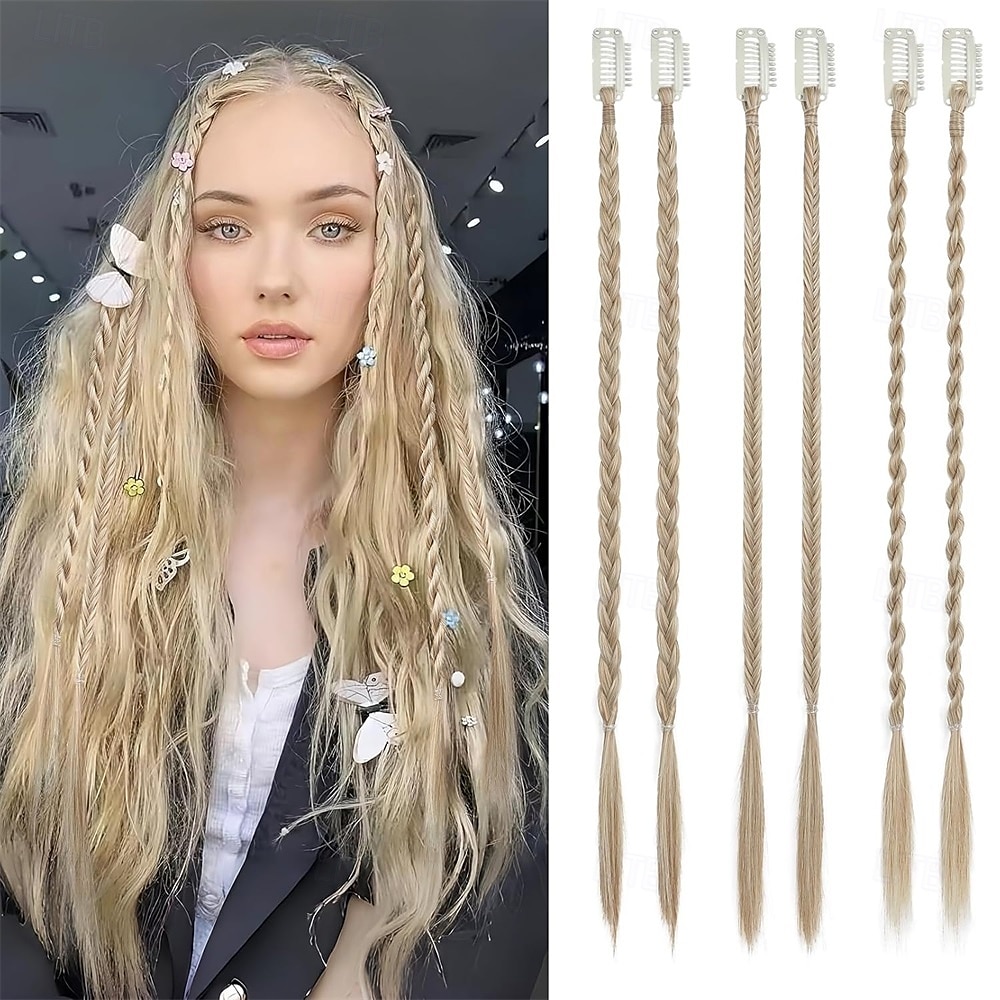Lot de 6 extensions de cheveux tressés à clips pour femmes, postiches synthétiques tressés à clips de 14 pouces pour une soirée costumée quotidienne, blond moyen avec des reflets pâles de 2025 ? $22.99 –P1