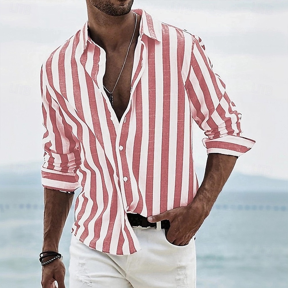 Voor heren Geometrisch Gestreept Overhemd Overhemd met knopen Lange mouw Mode-casual Dagelijks gebruik Causaal Strand Kleding Zomer Lente Strijkijzer 3D-afdrukken Linnenachtig shirt Zwart Blozend 2025 - $25.99 –P1