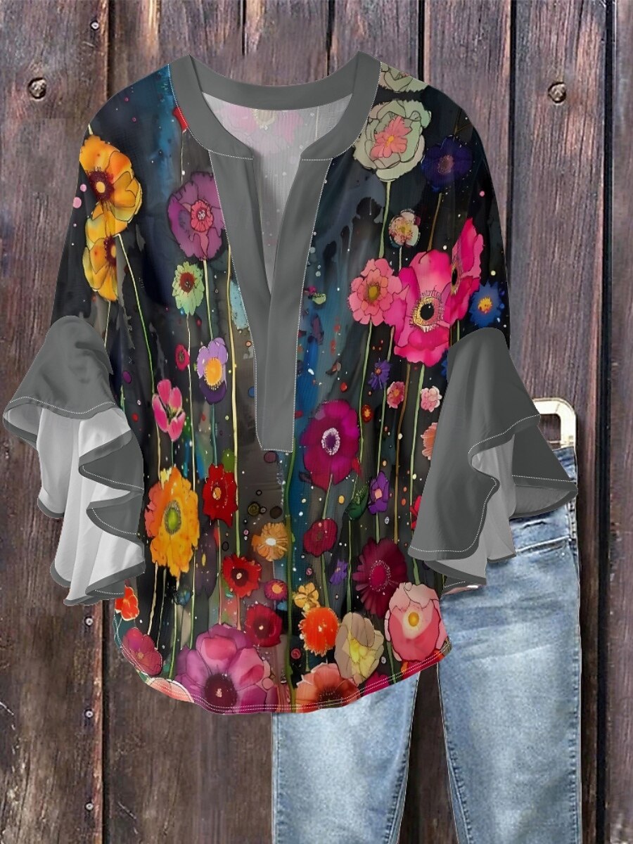 Γυναικεία Μπλούζα Φλοράλ Στυλάτο Μοντέρνα 3/4 Μήκος Μανικιού Λαιμόκοψη V Κανονικά μπλουζάκια Καθημερινά Αργίες Με Βολάν Στάμπα Μαύρο Θαλασσί Πράσινο του τριφυλλιού Σομόν Καλοκαίρι 2025 - $26.99 –P2