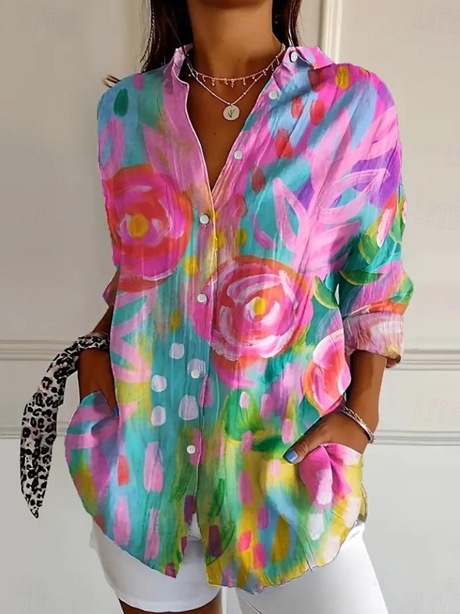 Dames Overhemd Ombre Bloemig Grafisch Romantisch Casual Strandstijl Lange mouw Overhemdkraag Normale tops Werk Dagelijks Knop Afdrukken Blozend Roze Groen Regenboog Lente Herfst 2025 - $32.99 –P3