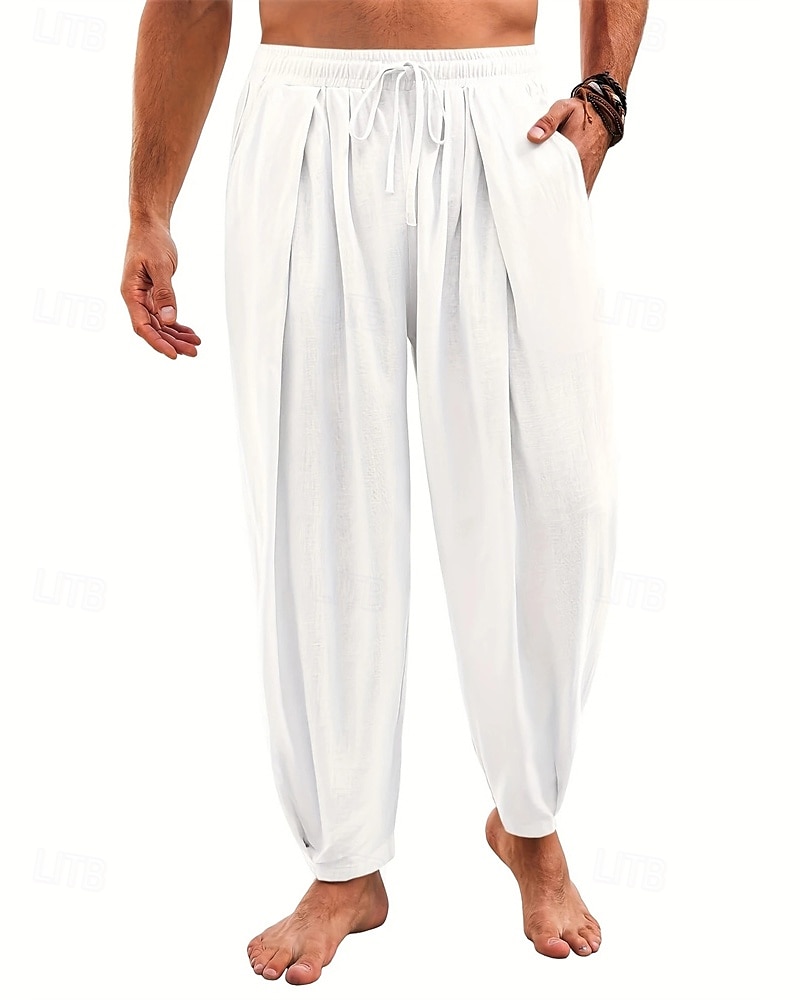 Men's Linen Pants Summer Pants Beach Pants Harem Pants Pocket Elastic Waist Drawstring Plain Comfort Breathable Calf-Length Vacation Daily Holiday Hawaiian Boho Black White 2025 - $18.99 –P3