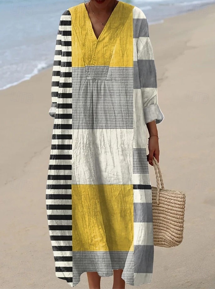 Dame Midikjole Solkjole Kjole med A-linje Ferie Fritid Bohem Ut på byen Strand Løstsittende Grafisk Geometrisk Stripe Langermet V-hals Aske Svart Gul Blå Sommer Vår 2025 - $35.99 –P3