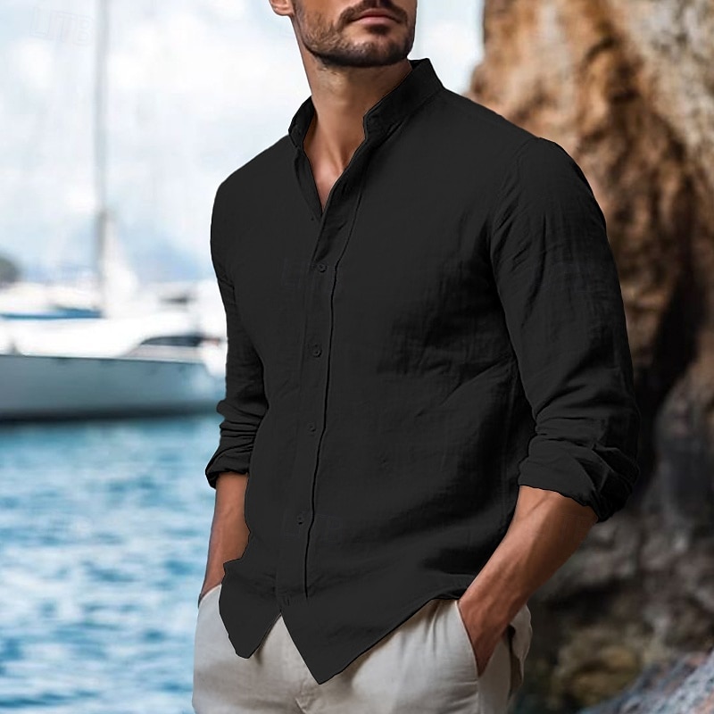 Herren Hemd Leinenhemd Stehkragenhemd Sommerhemd Strandbekleidung Freizeithemd Einfarbig Urlaub Kreuzfahrt Schwarz Weiß Blau Khaki Langarm Kragen Bekleidung 2025 - $23.99 –P7
