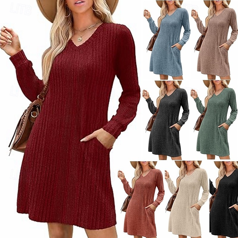 Women's Mini Dress A Line Dress Casual Daily Regular Fit Plain Long Sleeve V Neck Wine Light Brown Green Dark Gray Winter Autumn 2025 - $21.99 –P1