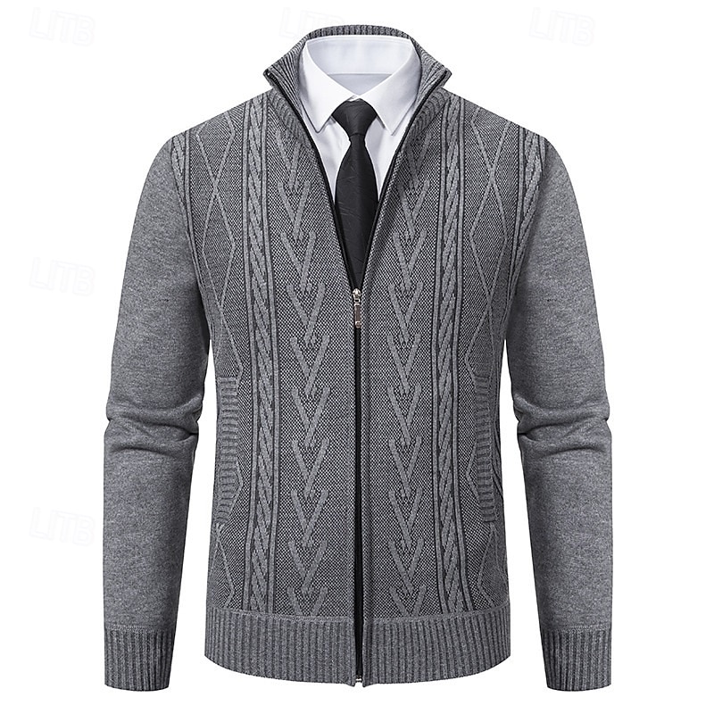 Herren Pullover Strickjacke Gerippt Stricken Normale Oberteile Gestrickt Geometrisch Stehkragen Moderne zeitgenössische Smart Casual Lässig Alltagskleidung Bekleidung Herbst Winter Hellgrau Dunkelgrau 2026 - $30.99 –P1