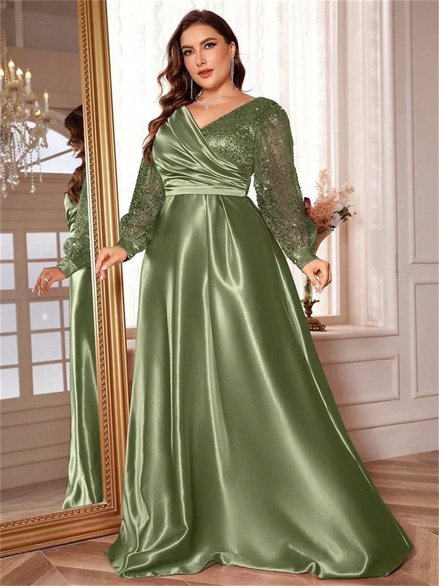 Robe A-Line Grande Taille Élégante Robe Courbe De Mariage Formelle Longue Au Sol Manches Longues Col en V En Polyester Avec Plis 2025 de 2025 ? $119.99 –P3