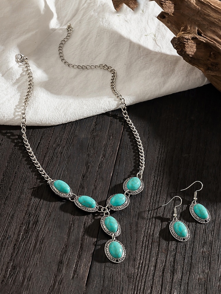 Set di gioielli da donna in turchese – collana con ciondolo ovale vintage placcato argento e orecchini pendenti per stile boho, festival estivi e feste in spiaggia del 2025 a $11.99 –P4
