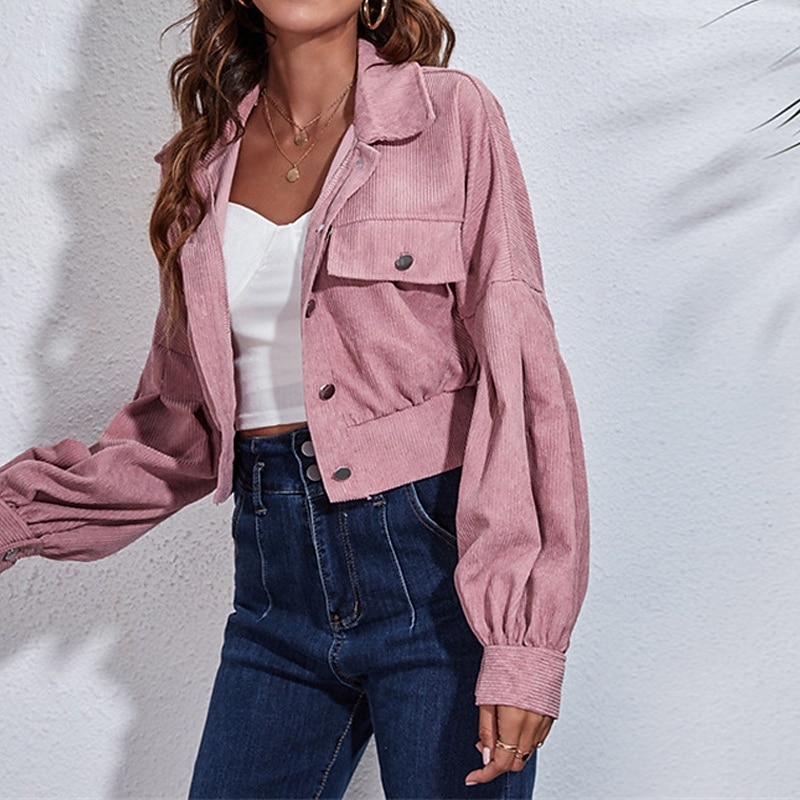 Damen Freizeitjacke Warm Bequem Tasche Kord Mode Outdoor Einfach Ausgehen Wochenende Kurz Umlegekragen Normale Passform Langarm Oberbekleidung Schwarz Purpur Braun Herbst Winter 2025 - $26.99 –P7