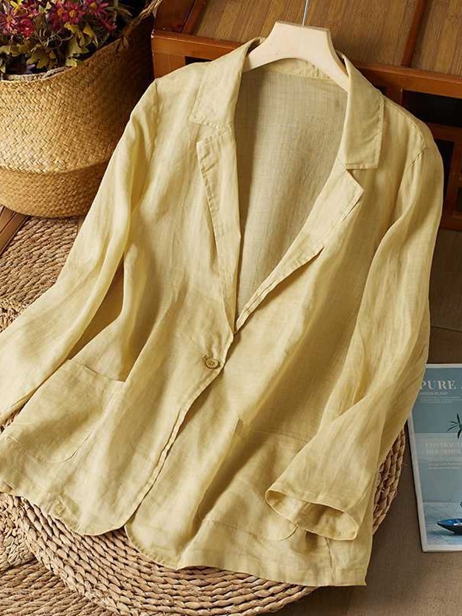 Women's Cotton Linen Blazer Solid Color Stylish Basic Casual Long Sleeve Shirt Collar Regular Tops Work Daily Buttons White Yellow Summer 2025 - $29.99 –P1