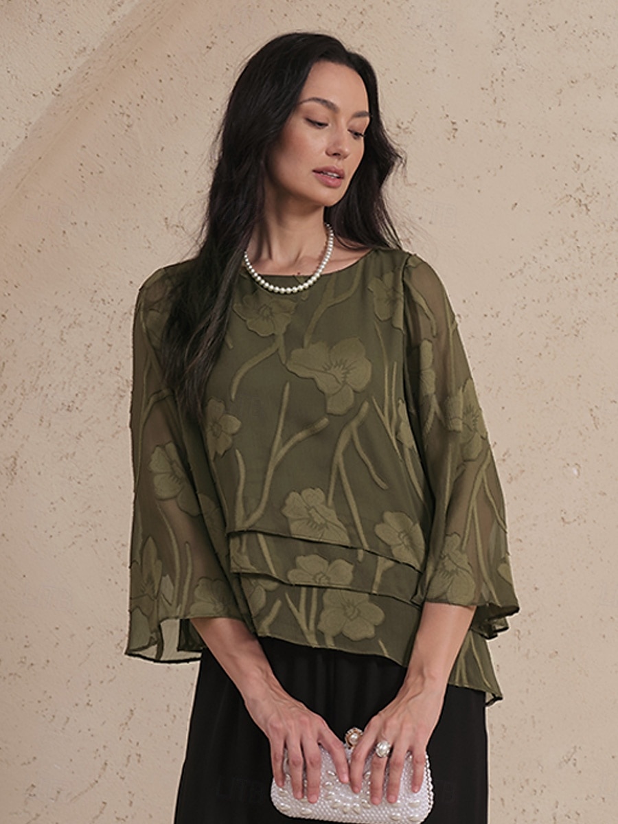 Dames Kanten overhemd Blouse Geklede topjes Chiffon-topjes Effen Kleur Bloemig Elegant Stijlvol Casual Halve mouw Flutter mouw Boothals Normale tops Bruiloft gast Werk Dagelijks Asymetrische zoom 2025 - $59.99 –P1