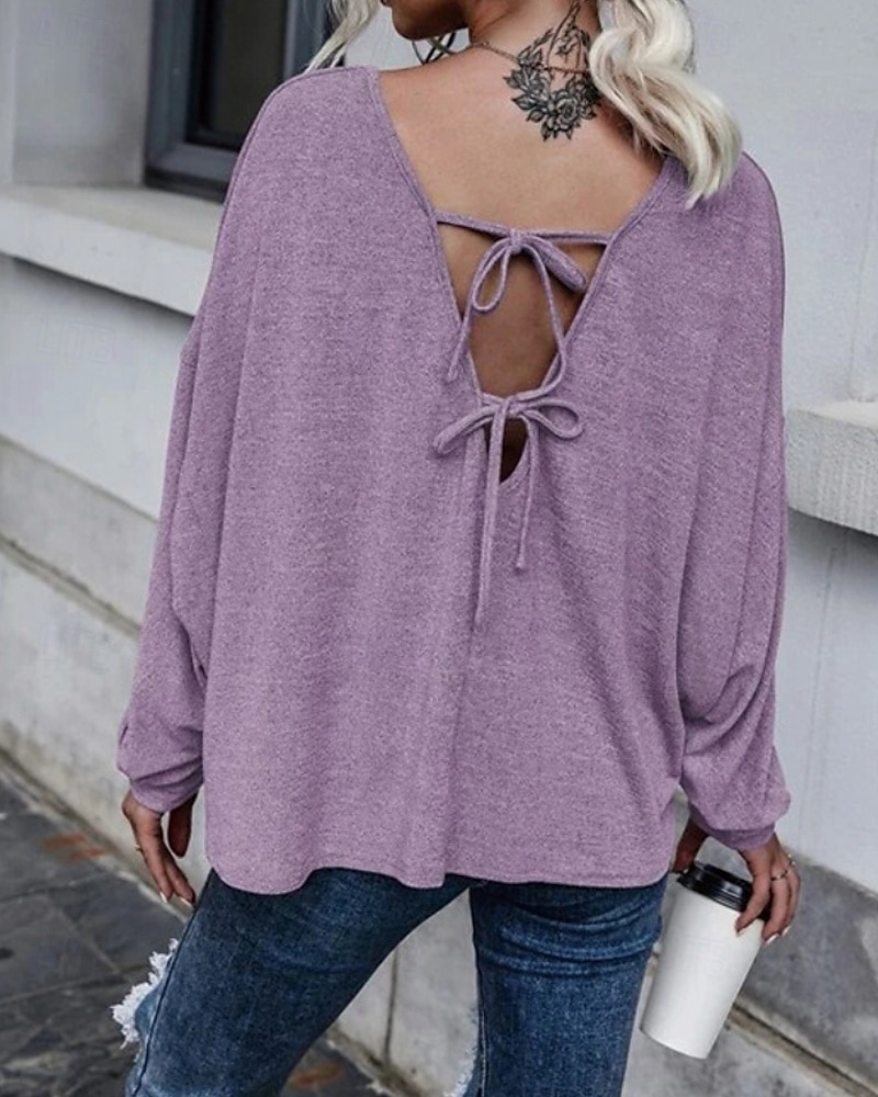 Femmes Chemisier Uni Occasionnel manche longue Col en V Hauts Réguliers Quotidien Fête Sortir Ourlet asymétrique Bleu Poudré Violet Bleu clair Été de 2025 ? $21.99 –P5