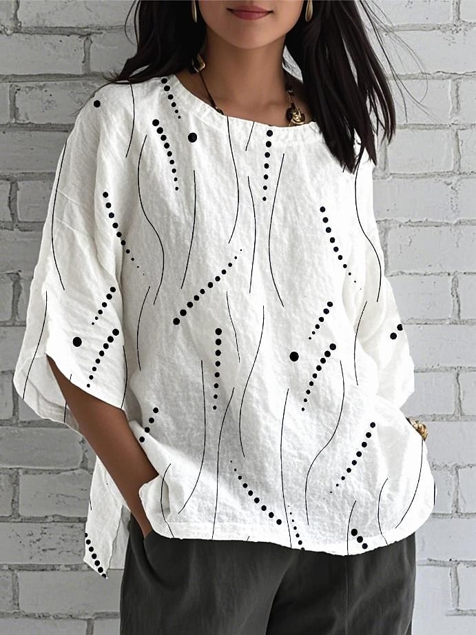 Women's Blouse Graphic Striped Bohemia Daily Stylish 3/4 Length Sleeve Crew Neck Regular Tops Daily Holiday Print White Pink Sky Blue Summer Spring 2025 - $27.99 –P1