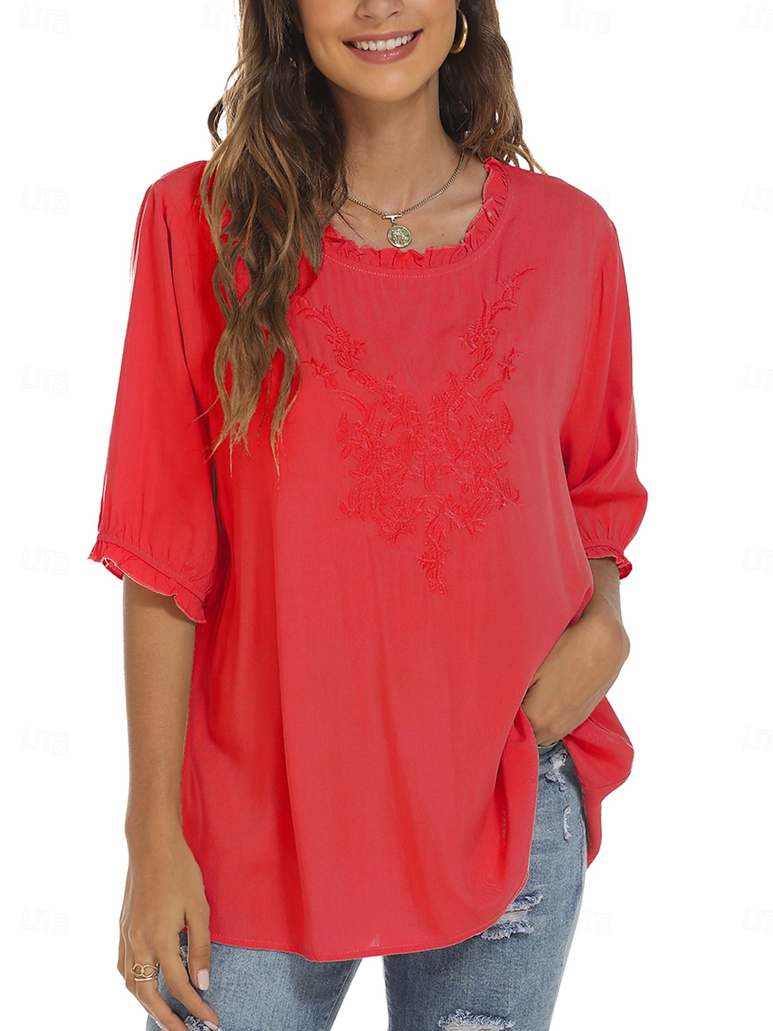 Damen Hemd Einfarbig Blumen Lässig Boho Dreiviertelarm Ellbogenärmel Rundhalsausschnitt Normale Oberteile Täglich Ausgehen Rüsche Bestickt Schwarz Weiß Rote Khaki Sommer 2025 - $24.99 –P12