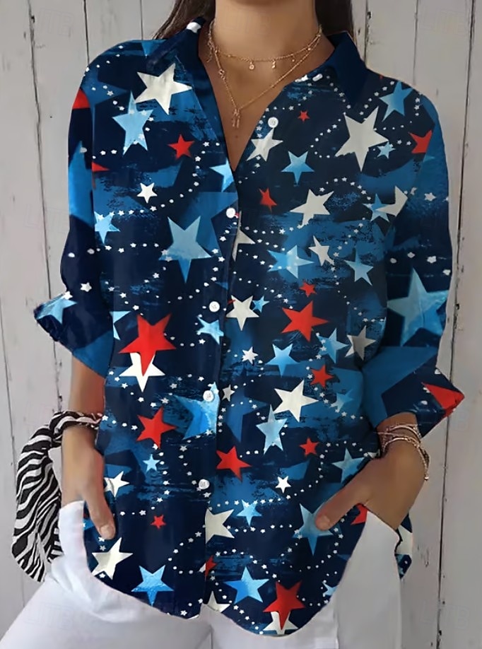 Kvinnes patriotisk skjorte grafisk flagg stjerne vintage tropisk daglig langermet skjorte krage regulære topper arbeid daglig knapper trykk hvit kongeblå blå himmelblå 2025 - $32.99 –P2